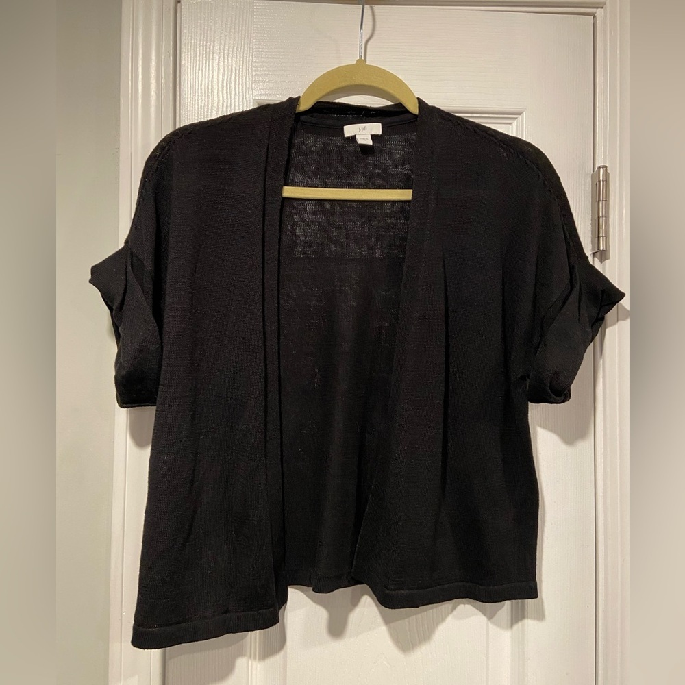 J.Jill Size XS Black Linen Blend Short Roll Sleeve Open Front Cardigan Top